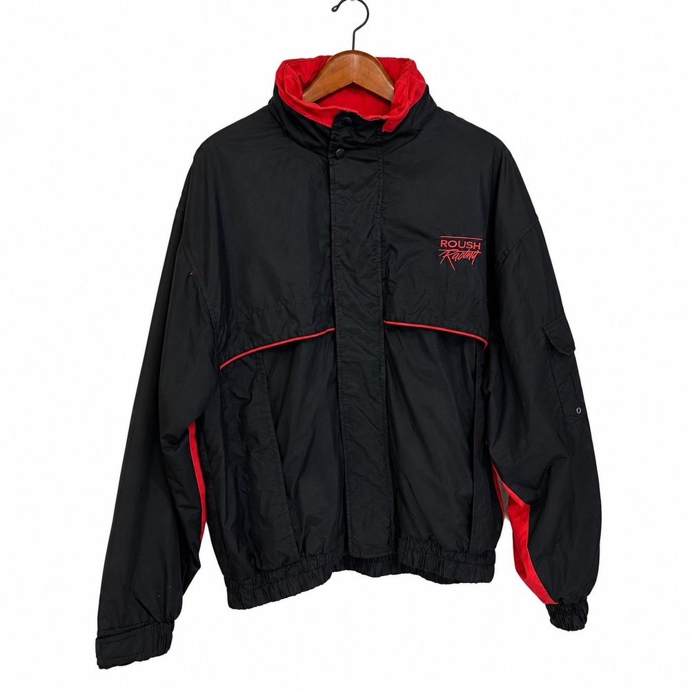 UltraClub Roush Racing Windbreaker Jacket Mens Large Black Red Vintage Zip Up